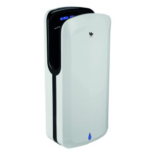 Matte white ABS Jet Force washroom hand dryer with a HEPA filter, UV light protection, adjustable motor speed, and water collection system, ideal for low-traffic commercial washrooms.