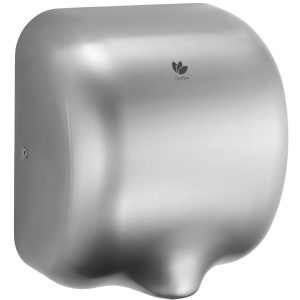 Brushed stainless steel Jet Dry washroom hand dryer with a vandal-resistant design, blue guiding light, energy-efficient motor, and 10-12 second dry time, ideal for low-traffic commercial settings.