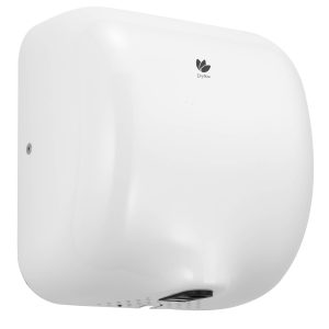 White matte steel Jet Dry washroom hand dryer with a vandal-resistant design, blue guiding light, energy-efficient motor, and 10-12 second dry time, ideal for low-traffic commercial settings.
