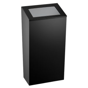 Matte black steel ECOLINE washroom waste bin with a push-lid design, available in 25L, 38L, or 50L capacities, featuring a bag strap and optional wall-mount or floor-standing setup.