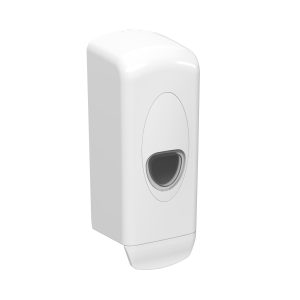 White matte ABS plastic Excel 1L washroom soap dispenser with a key-lockable cover, transparent stock-level window, and versatile pump for liquid or foam soap, ideal for high-traffic areas.