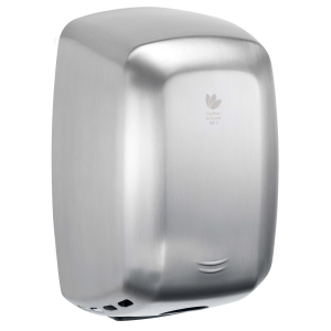 Brushed stainless steel G-Force MKII washroom hand dryer with a HEPA filter, adjustable motor speed, and vandal-resistant design, ideal for high-traffic commercial environments.