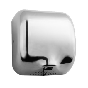 Polished AISI 304 stainless steel Jet Dri washroom hand dryer with a vandal-resistant cover, blue guiding light, energy-efficient motor, and fast 10-12 second dry time, ideal for low-traffic commercial settings.