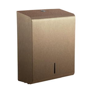 Light bronze 304L stainless steel Opal washroom hand towel dispenser with a key-lockable cover, front stock-level window, and slimline aperture for Z-fold, C-fold, or inter-fold paper towels.
