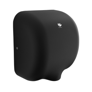 Matte black steel Jet Dri washroom hand dryer with a vandal-resistant cover, blue guiding light, energy-efficient motor, and fast 14-second dry time, ideal for low-traffic commercial settings.