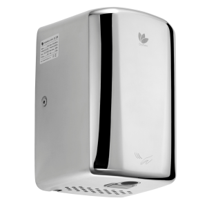 Polished stainless steel Turbo Junior Plus washroom hand dryer with a compact design, UV protection, debris-catching filters, and vandal-resistant build, ideal for low-traffic commercial washrooms with 10-15 second dry time.