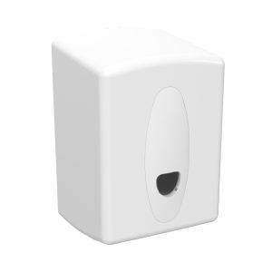 White matte ABS plastic Excel large washroom centre feed tissue dispenser with a key-lockable cover, transparent stock-level window, and durable design for 230mm x 220mm perforated or un-perforated rolls.
