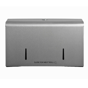 Brushed 304L stainless steel Opal Twin Micro 6” washroom toilet tissue jumbo dispenser with a compact design, sliding mechanism for two micro jumbo rolls, key-lockable cover, and stock-level windows.