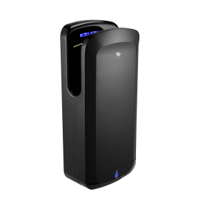 Matte black ABS Jet Force washroom hand dryer with a HEPA filter, UV light protection, adjustable motor speed, and water collection system, ideal for low-traffic commercial washrooms.