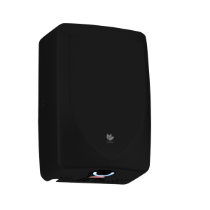 Matte black steel Slim Force washroom hand dryer with a compact design, blue LED light, air filter, UV protection, and energy-efficient motor, ideal for low-traffic commercial washrooms.