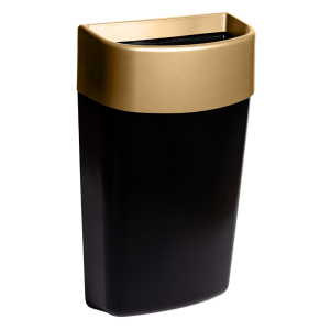Matte brass and black Myriad 25L washroom waste bin with a sleek, modern design, wall-mountable for space-saving, and easy-to-clean finish, ideal for high-end commercial washrooms.