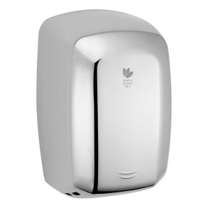 Polished stainless steel G-Force MKII washroom hand dryer with a HEPA filter, adjustable motor speed, and vandal-resistant design, ideal for high-traffic commercial environments with 10-15 second dry time.