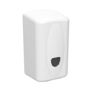 White matte ABS plastic Excel small washroom centre feed tissue dispenser with a compact key-lockable design, transparent stock-level window, and capacity for 230mm x 130mm perforated or un-perforated rolls.
