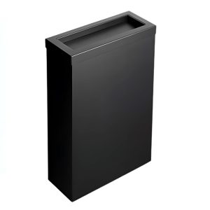 Matte black zinc-coated steel Opal 50L washroom waste bin with a spring-loaded flap lid, fixed bag strap, and optional wall-mount or freestanding design, ideal for high-traffic commercial washrooms.