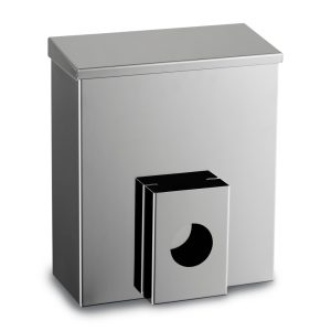 Ecoline Polished 304 stainless steel 7L feminine washroom waste bin with a compact design, open/close lid, and hygiene bag holder, ideal for sanitary waste in commercial washrooms.