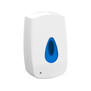 White/ ABS plastic Modular Auto 1L touch-free washroom soap dispenser with a key-lockable cover, drip tray, and 1L refillable reservoir for liquid or foam soap, designed for hygienic, contactless dispensing.