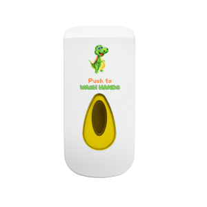 White ABS plastic Modular 400ml Dexter washroom soap dispenser with a yellow window, key-lockable cover, and colorful "Dexter" hygiene instructions for 400ml refillable liquid, foam, or spray soap.