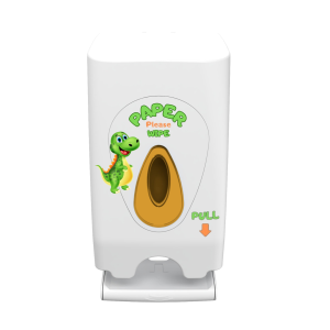 White ABS plastic Modular Standard 2 Roll Dexter washroom toilet tissue dispenser with an orange window, key-lockable cover, and colorful "Dexter" hygiene instructions for two domestic-sized rolls up to 125mm.