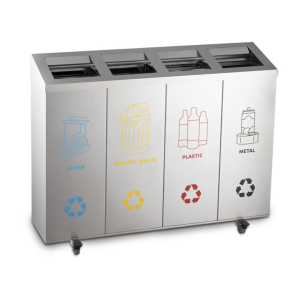 Stainless steel 304 Ecoline 140L moveable waste bin with four 35L chute-style compartments, wheels with locking mechanism, and waste separation stickers for eco-friendly sorting.