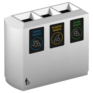Stainless steel 304 Ecoline rectangular washroom recycling waste bin with three chute-style openings, removable top lids for easy cleaning, and customizable printing for efficient waste sorting.