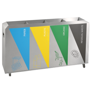 Stainless steel Ecoline 100L chute moveable waste bin with four 25L chute-style compartments, wheels, and external handles for easy mobility, designed for efficient waste sorting.