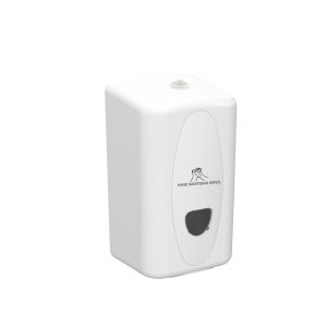 White matte ABS plastic Excel Mini washroom wet wipe dispenser with a compact key-lockable design, transparent stock-level window, and capacity for 200 alcohol or non-alcohol wipes in industrial settings.