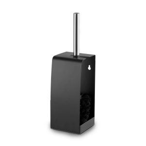Matte black toilet brush with matching cylindrical cover, shown with the brush angled beside the holder against a white background.