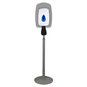 White ABS plastic Modular Touch Free washroom soap dispenser on a telescopic floor stand with a clear window, 1L refillable reservoir, and drip tray, designed for hygienic, contactless dispensing.