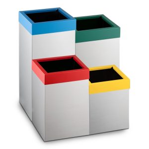 Set of four 430 stainless steel rectangular waste bins. Front angled view