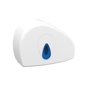White ABS plastic Modular Small Jumbo 8" Stub Roll washroom toilet roll dispenser with a clear window, lockable cover, and reversible spigot for 260mm perforated or non-perforated rolls.