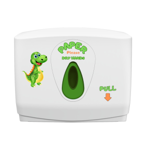 White ABS plastic Modular Small Hand Towel Dexter washroom dispenser with a green window, key-lockable cover, and colorful "Dexter" hygiene instructions for interleaved, C-fold, or Z-fold paper towels.