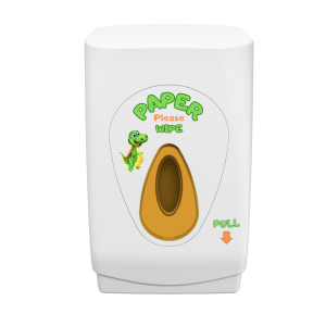 White ABS plastic Modular Multiflat Dexter washroom toilet tissue dispenser with a green window, key-lockable cover, and colorful "Dexter" hygiene instructions for bulk pack tissues up to 125mm.