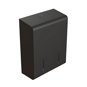 Matte black Opal Multiflat Tissue Twin washroom toilet tissue dispenser in robust steel, with front stock-level windows and key-lockable cover for bulk-pack tissues up to 125mm.