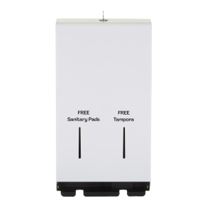 Wall-mounted Dual Vend Sanitary Dispenser in glossy white zinc-coated steel, featuring a lockable hinged cover and two stock-level windows for sanitary towels and tampons.